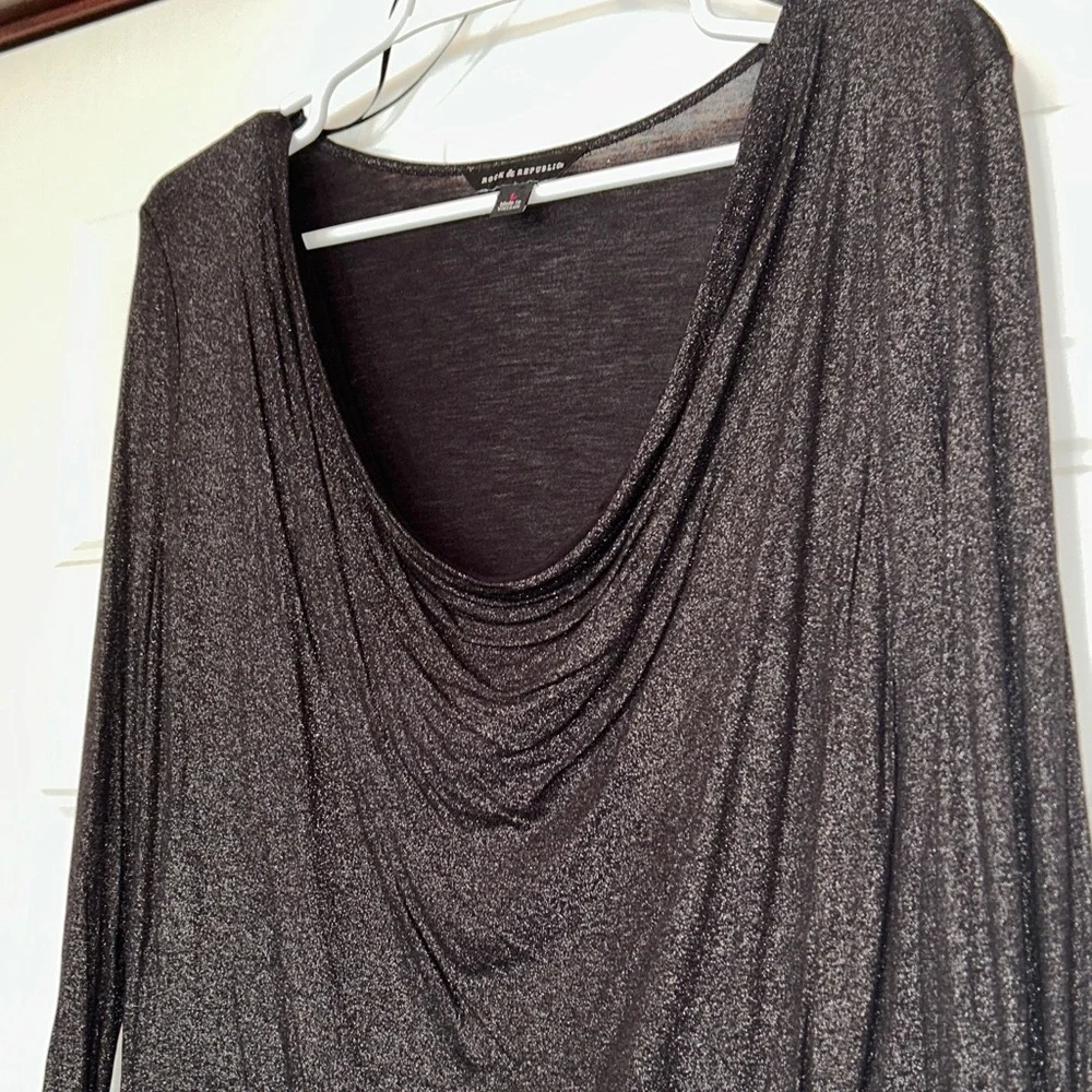 Rock & Republic Metallic LS Top L Black/Silver NWOT Draped Glam Sparkle